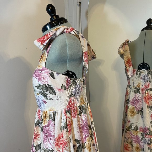 House of Harlow 1960 Linen Blend Tiered Bow Tie Shoulder Long Maxi Dress - Picture 4 of 8